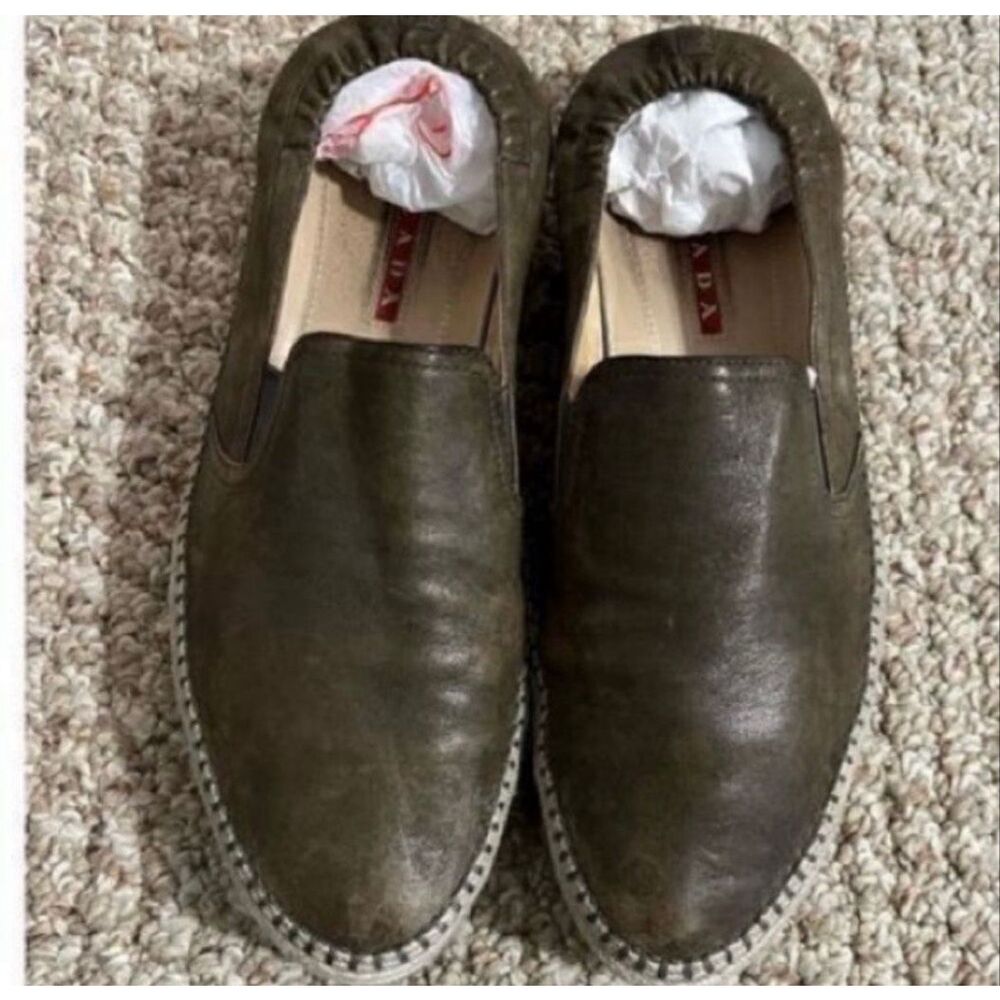 Prada Size 8 Slip On Espadrille Loafers Brown Leather Minimalist Old Money - Picture 5 of 11